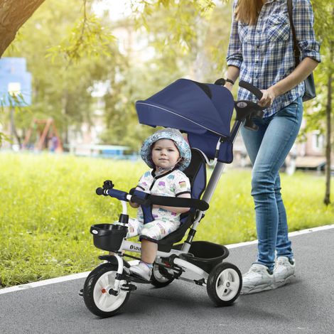 Tricycle 6-en-1 pour enfants avec barre de poussée - sangle - bleu foncé - panier de rangement - 18+ mois - toit - Moderne