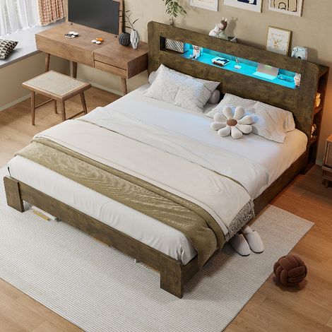 Multifunktionsbett 180x200 cm mit Stauraum im Kopfteil, LED-Beleuchtung und integrierten Steckdosen, modernes Holzbett in Vintage-Holzoptik (1/5)