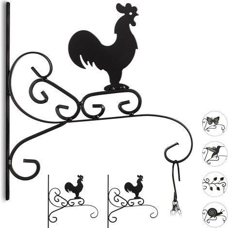 3 Ganchos para macetas con Gallo, gancho de pared para cestos, decoración de jardín, metal, 30 x 28 x 2 cm, negro