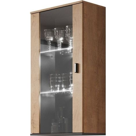 Armario de pared Tornola 103, Roble de lefkada + Negro, 116x60cm, Número de puertas: 129cm, Aglomerado laminado, Vidrio, LED