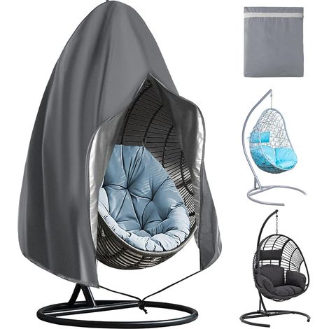 Housse de Chaise Suspendue, 190  115CM Housse de Chaise d'oeufs en Tissu Oxford 210D, Anti-UV Imperméable Bache de Protection Chaise de Jardin Extérieur avec Fermeture éclair et Cordon, Gris (1/5)