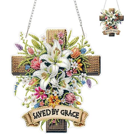 Diamond Painting Kreuz Anhänger mit Blumenmotiv, doppelseitig, für Fenster & Wand
