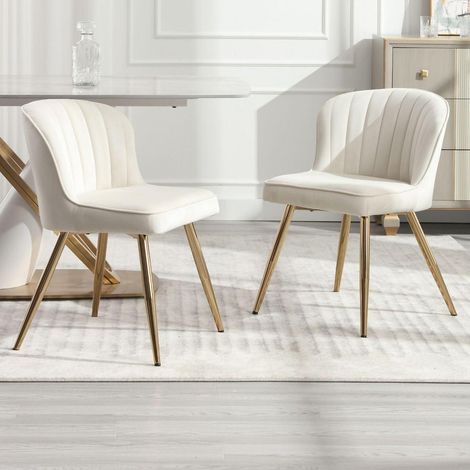 Esszimmerstühle 2er Set Samt mit geschwungener Rückenlehne, goldene Metallbeine, Beige (1/5)