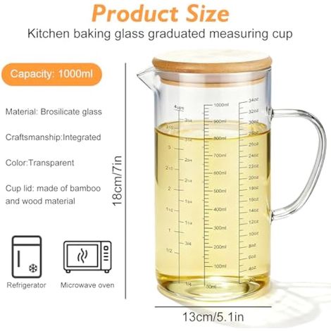 Verre doseur de 1 l, verre borosilicate résistant à la chaleur avec poignée et graduation, graduation, verre doseur précis avec couvercle, gobelet doseur en verre pour cuisine et patisserie (1/3)