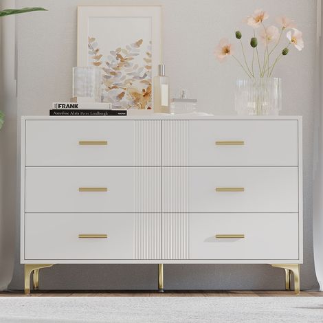 Kommode mit 6 Schubladen, H76xB120xT40 cm, modernes Lowboard für Schlafzimmer und Wohnzimmer, robustes MDF mit Wellenmuster und goldenen Füßen, Weiß (1/5)