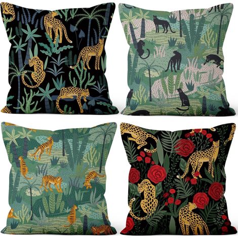 Kissenbezüge aus Leinen mit Tiermotiven, 4-teiliges Set, 40 x 40 cm, rustikaler Stil, geeignet für die Dekoration von Wohnräumen, Sofas, Wohnzimmern und Autos.