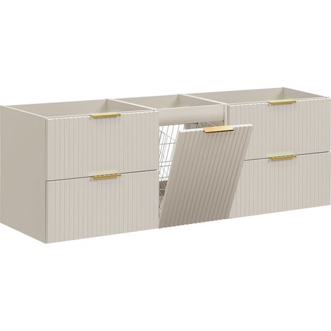 Furnidea - Meuble suspendu sous vasque avec panier à linge ADEL CACHEMIRE 160 cm - 4 tiroirs - Façades rainurées (1/5)