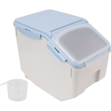 Récipient de stockage de riz 10 kg avec gobelet doseur, hermétique et étanche, organisateur de céréales en plastique bleu pour cuisine (1/5)