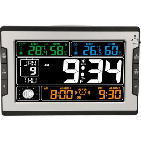 Reloj digital multifuncional termómetro higrómetro interior exterior, gran pantalla color retroiluminada, calendario fases lunares alarma repetición, para hogar oficina