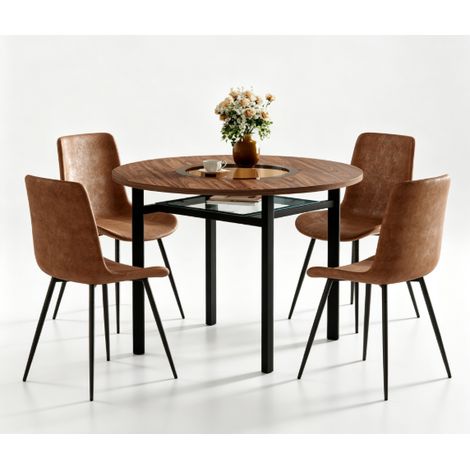 Set tavolo rotondo 100 cm con 4 sedie imbottite marroni e piano in vetro (1/5)