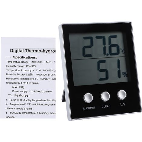 Thermomètre Hygromètre Digital LCD Indoor - Affichage Grand, Support et Trou de Suspension, ABS Noir, C/F, 11.5x9.4cm - Record Max/Min Température Humidité, 0-99%RH, -10/+50℃ (1/5)