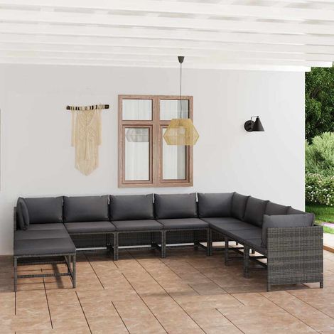 vidaXL Salon de jardin 11 pcs avec coussins Résine tressée Gris (1/5)
