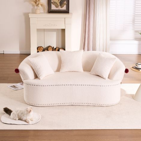 Divano lineare 2 posti 163x93x68 cm in velluto a coste bianco con cuscini FloraGrace (1/5)