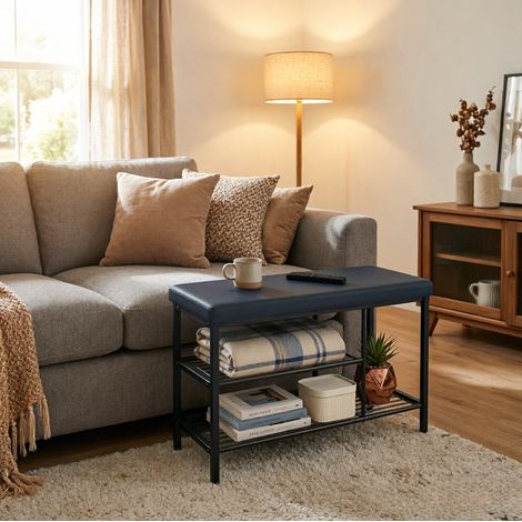 Banco zapatero 80 × 30 × 50 cm negro con asiento acolchado y 3 compartimentos abiertos (1/5)