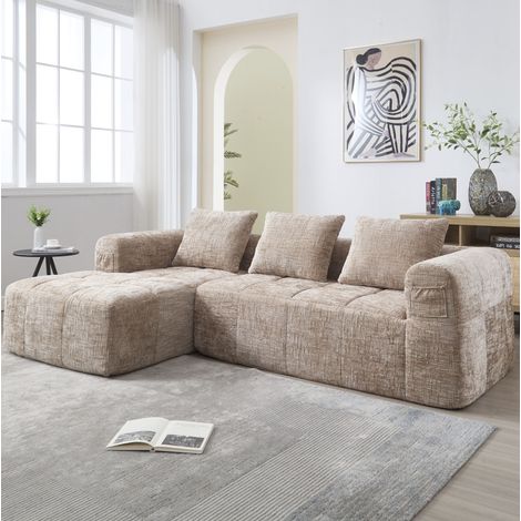 Divano angolare 250x158x60 cm in tessuto ciniglia khaki, modulabile per soggiorno - FLORAGRACE (1/5)