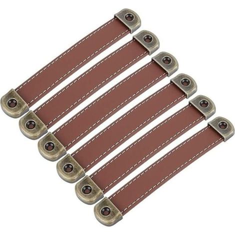 Lot de 6 Poignées de Meubles en Cuir Vintage Brun pour Armoire Cuisine Entraxe 128mm