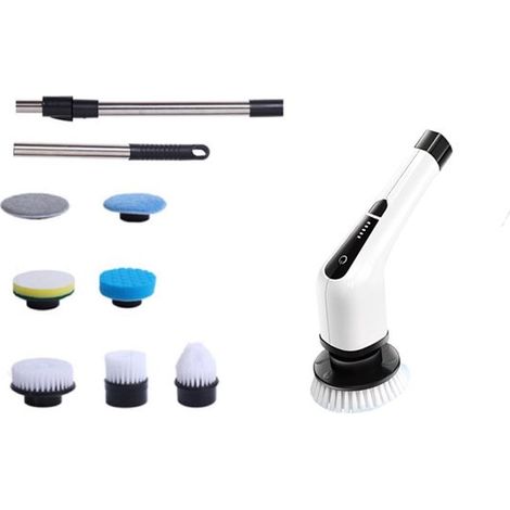 Brosse de nettoyage électrique rotative avec 7 accessoires interchangeables et poignée réglable, autolaveuse pour salle de bain, carrelage et voiture (1/5)