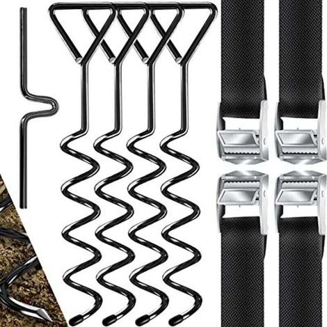 Piquets d'ancrage Spirales Sangles de Serrage Kit ancrage résistance 900kg Acier Inoxydable Fixations pour Trampoline Sécurité (1/5)