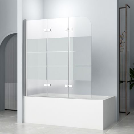 Badewannenaufsatz 140x140cm Duschwand für Badewanne Duschabtrennung Badewanne, Duschwand Badewanne 3-teilig Faltbar Badewannenaufsatz Duschtrennwand, 6mm ESG Glas mit Milchglas Streifen (1/5)
