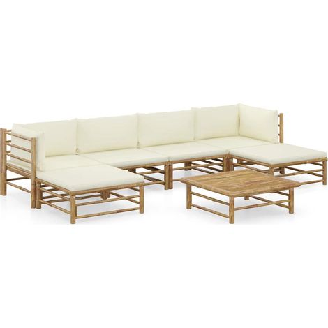 vidaXL Set de muebles de jardín 7 piezas bambú y cojines blanco crema (1/4)