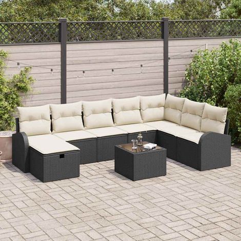 Ensemble de Table et Chaises de Jardin 3 pièces Noir Acacia Résine Tressée 2 Fauteuils Inclinables avec Coussins Blancs 90x90 cm (1/5)
