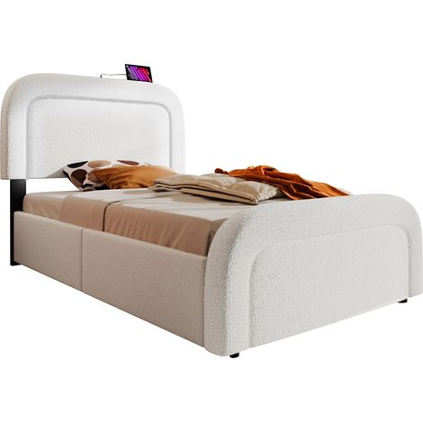 Lit capitonné 90x200 avec USB Type-C, LED et 2 tiroirs, tête de lit réglable, cadre rembourré effet sherpa blanc, sans matelas, pour chambre moderne CHICFURN (1/5)