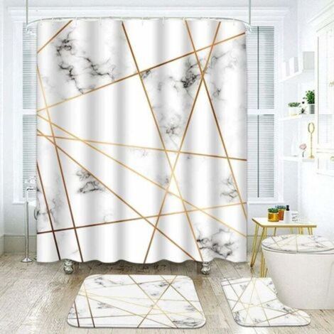 Ensemble de 4 rideaux de douche Turquoise Marbre Texture Or Noir Géométrique Rose Pierre Abstrait Moderne Vintage avec Tapis Antidérapants Couvercle De Toilette Et Tapis De Bain Ensemble De Décoration