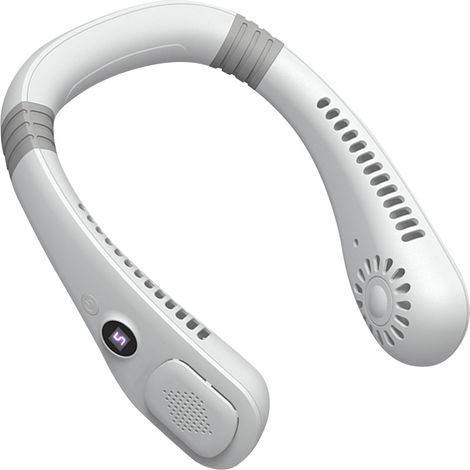 Freihändiger, klingenloser, USB-wiederaufladbarer, leiser und faltbarer tragbarer Nackenventilator mit 5 Geschwindigkeitsstufen und Digitalanzeige (weiß). (1/5)