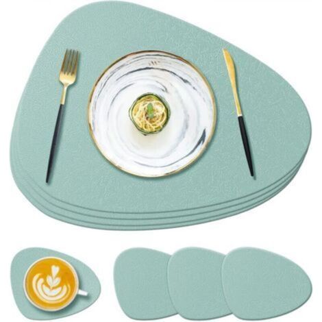 Lot de 4 sets de table et dessous de verre en silicone vert clair 13,8 x 11,1 x 0,15 cm, antidérapants, lavables, adaptés aux tables à manger (1/5)