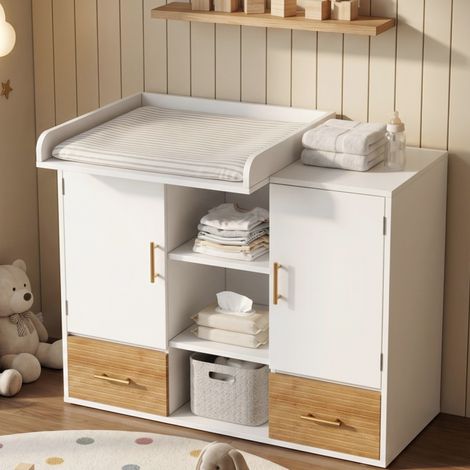 Cambiador con espacio de almacenamiento y barandilla extraíble, 2 cajones, puertas, mueble multiusos en MDF blanco natural. (1/5)