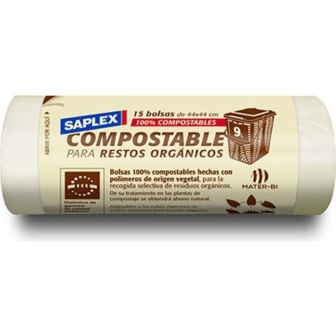 Sacco per immondizia compostabile Saplex da 9 litri, 15 unità. 44x44 cm
