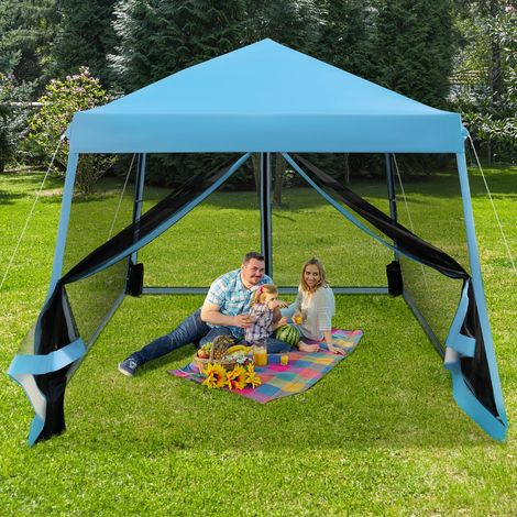 Patio Extérieur Auvent Escamotable Instantané Tente en Maille à Jambes Onclinées Pliante Bleu (1/5)