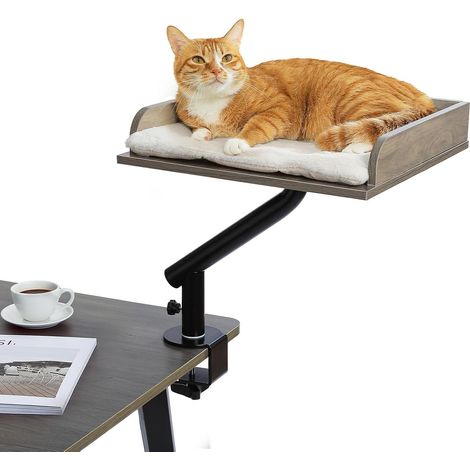 Lit pour Chat de Bureau, lit en Bois pour intérieur, Panier pour Chat, pivotant à 360° et réglable en Hauteur, hamac pour avec griffoir, supporte Jusqu‘à 23 kg, Gris (1/5)