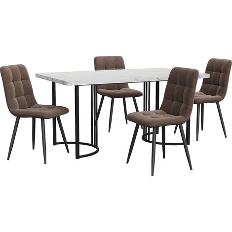 Ensemble repas 5 pièces avec table 140x80 cm et 4 chaises en velours marron avec pieds métal noir (1/5)