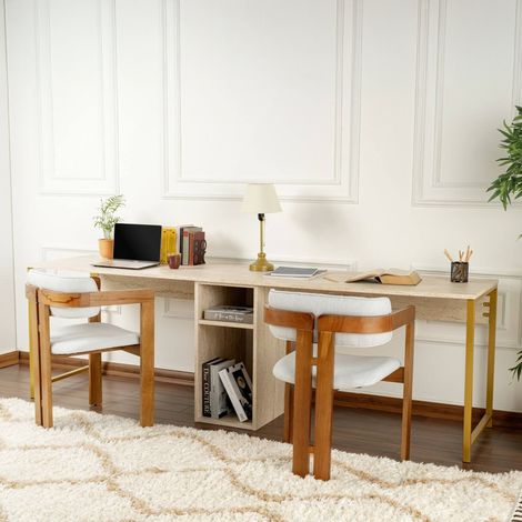 Dmora - Schreibtisch Violet, Mehrzweckschreibtisch, Bürotisch für PC, Eckschreibtisch, 240x60 h74 cm, Beige und Gold (1/5)