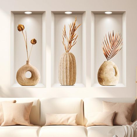Stickers muraux 3D, stickers muraux amovibles en PVC pour salon, stickers muraux plantes et fleurs