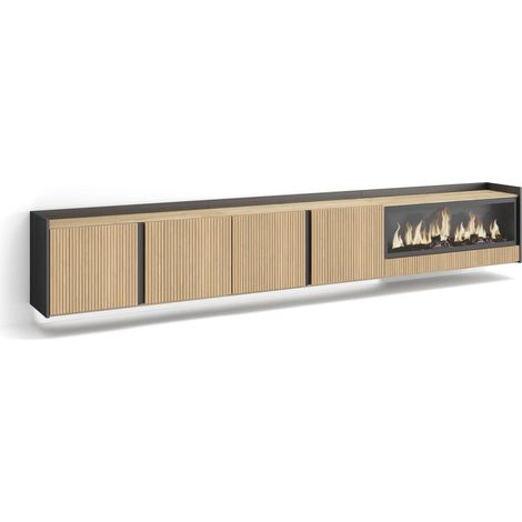 Skraut Home - TV-Schrank, Lowboard, für Wohnzimmer und Esszimmer, 315x50x35 cm, Für TV-Geräte bis zu 80", Elektrokamin XXL, Hängend, Led, Moderner Stil, Eiche Schwarz (1/4)