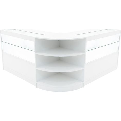 Set Mostradores Comerciales "ANDROMEDA" Blanco 2xC1200+1xLM60 MDF y vidrio templado Estantes y puertas corredizas con cerradura Fácil Montaje Mostrador Recepción Expositor Comercial Mesa