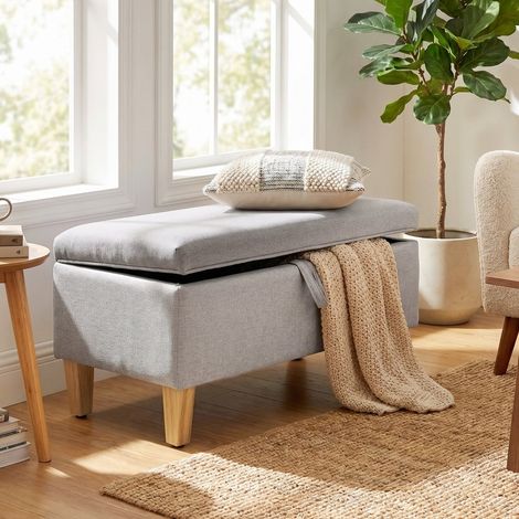DESMIU Banc de rangement Coffre de rangement Assise rembourrée en bois d'hévéa Gris clair (1/5)