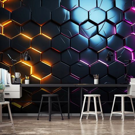 Vlies Fototapete Geometrisch 350x250 cm, Tapeten, für Wohn und Schlafzimmer, Vliestapete Wandtapete Tapete 3D Effekt- inkl. Kleister - Abstrakt Neon Schwarz, WallArena