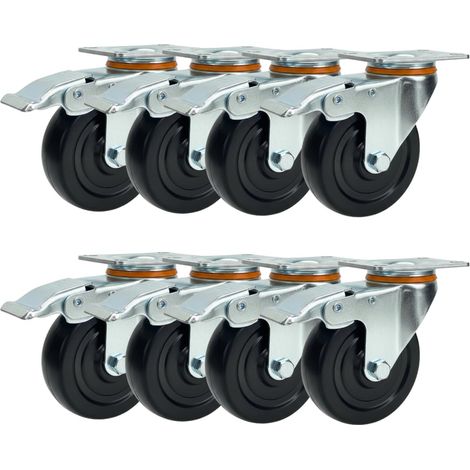 Set 8 Ruote Girevoli con Freno – Rotelle Silenziose in Poliuretano Antitraccia, 75 mm Anti-Corrosione, Rotazione 360°, Ideali per Carrelli, Scaffali, Banchi da lavoro,Attrezzature