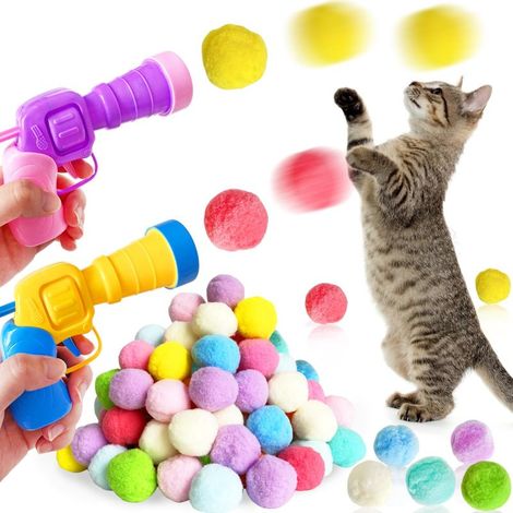 Eerrhhaq 2 Lanciatori di giocattoli per gatti e 100 palline con pompon per gatti, Lanciapalle per gatti, Giocattolo interattivo lanciapalle, Pallina elastica silenziosa in peluche per gattini