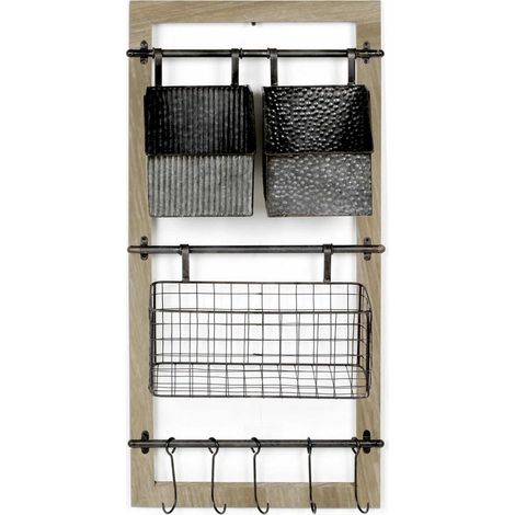 Organisateur mural bois et métal style naturel multi rangements - Bois naturel et métal noir argenté (1/3)