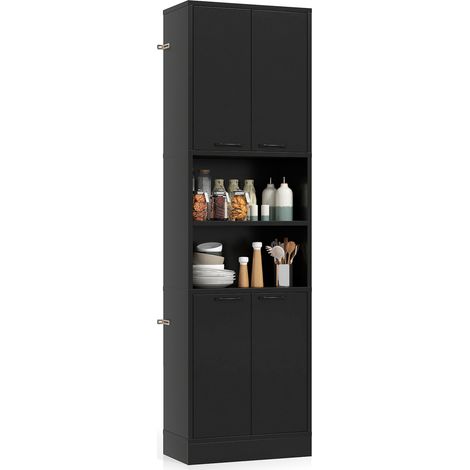 Armoire de cuisine haute noire 190 cm avec 2 portes et 2 étagères ouvertes, base stable, pour cuisine salle à manger et entrée (1/5)