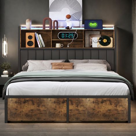 Lit double 160x200 avec sommier en Métal - Lit coffre avec 2 Tiroirs - avec LED et USB - Tête de Lit avec Rangement - Cadre de Lit Moderne pour Adultes 2 Personnes - PU - Noir