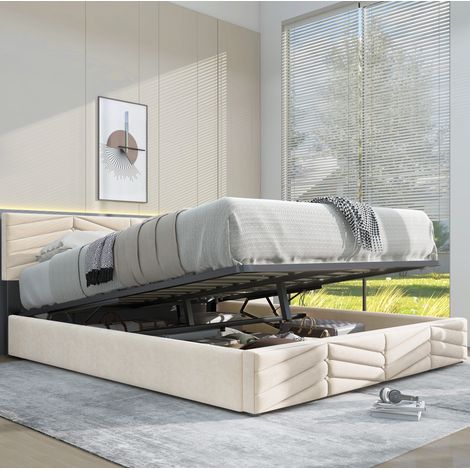 Cama tapizada 140/190 cm beige de terciopelo con cabecero regulable (1/5)