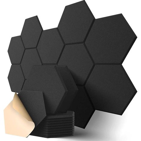 Lot de 12 panneaux adhésifs insonorisants, panneaux hexagonaux en mousse isolante phonique, mousse de traitement acoustique pour studio d'enregistrement, panneaux muraux insonorisants et isolants. (1/5)