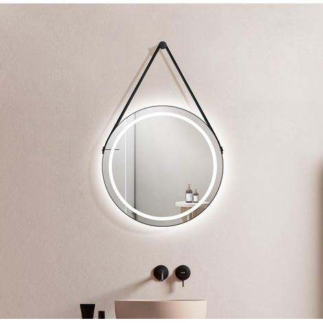 Miroir de Salle de Bain LED Rond en Noir Mat Ø50 cm - Miroir Rond avec Sangle en Similicuir - adapté aux pièces humides grâce au Cadre en Aluminium (1/5)