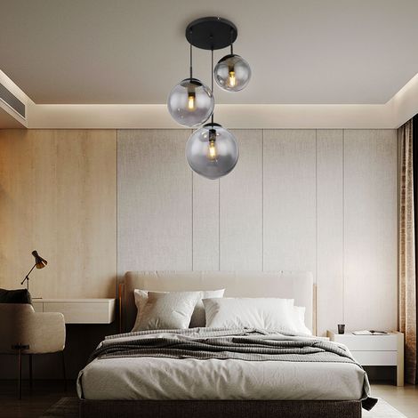 Pendellampe Hängeleuchte Wohnzimmerlampe Esszimmerleuchte Deckenlampe, Metall schwarz Glas rauchfarben, 3 Flammig E27, H 80 cm