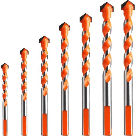 Set of 7 tungsten carbide masonry drill bits, multi-material drill bits, triangular drill bits for metal, suitable for ceramic tiles, concrete, bricks, glass, plastics, etc. (1/5)